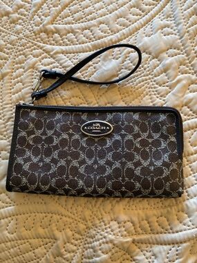 Coach Brown Signature Canvas Wristlet with Black Strap